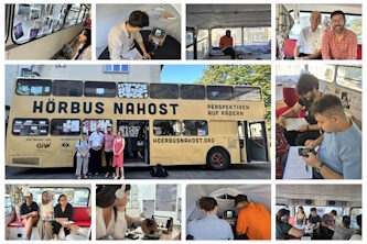 HörBus Nahost auf dem Schulhof des Leo-Statz-Berufskollegs